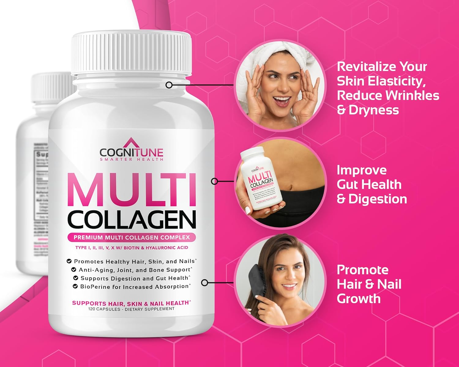 Women's Multi Collagen Supplement with Hyaluronic Acid, Vitamin C, Biotin - Types I, II, III, V, X Peptides for Hair, Skin, Nails, Joints - 120 Caps