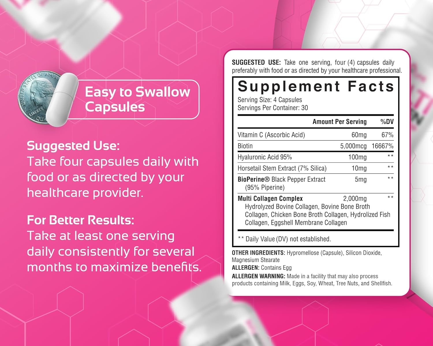 Women's Multi Collagen Supplement with Hyaluronic Acid, Vitamin C, Biotin - Types I, II, III, V, X Peptides for Hair, Skin, Nails, Joints - 120 Caps