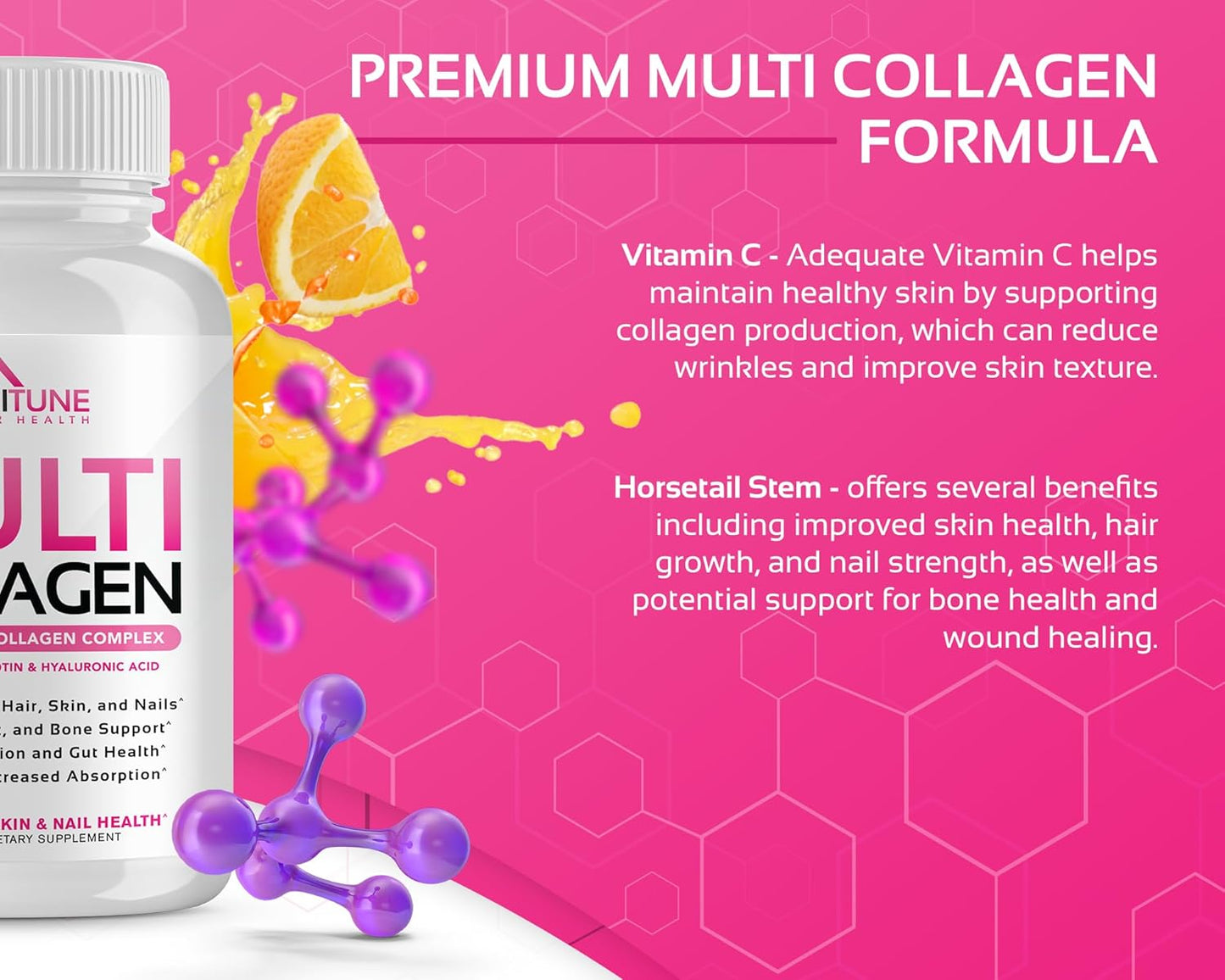 Women's Multi Collagen Supplement with Hyaluronic Acid, Vitamin C, Biotin - Types I, II, III, V, X Peptides for Hair, Skin, Nails, Joints - 120 Caps