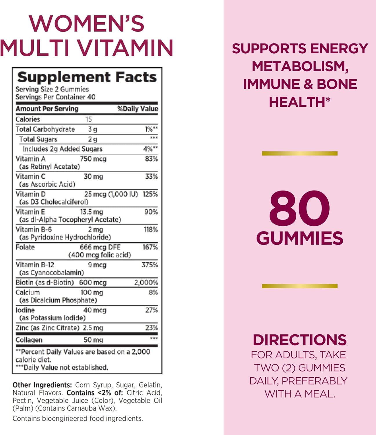 Women's Multivitamin Gummies for Immune Support, Cellular Energy, and Bone Health - Raspberry Flavor, 80 Count