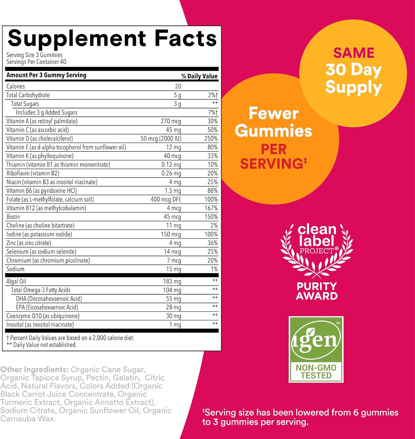 Women's Multivitamin Gummies with Omega-3, Methylfolate, CoQ10, Vitamin D3, C, B12, B6, A, K, Zinc, Inositol - 90 Count