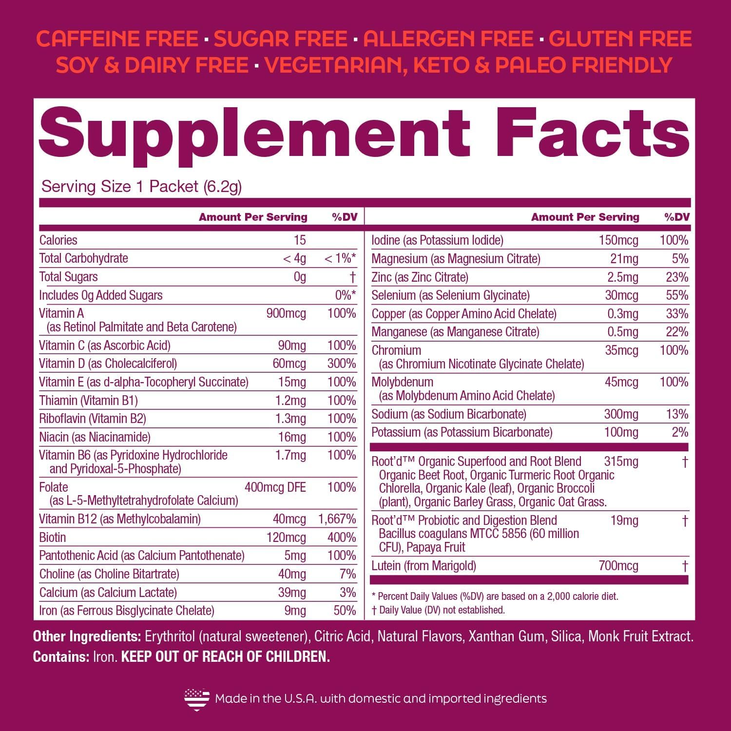 Women's Multivitamin Powder with 25 Vitamins, Minerals, Electrolytes, Superfoods, Probiotics, Enzymes - Sugar-Free Hydration Packets
