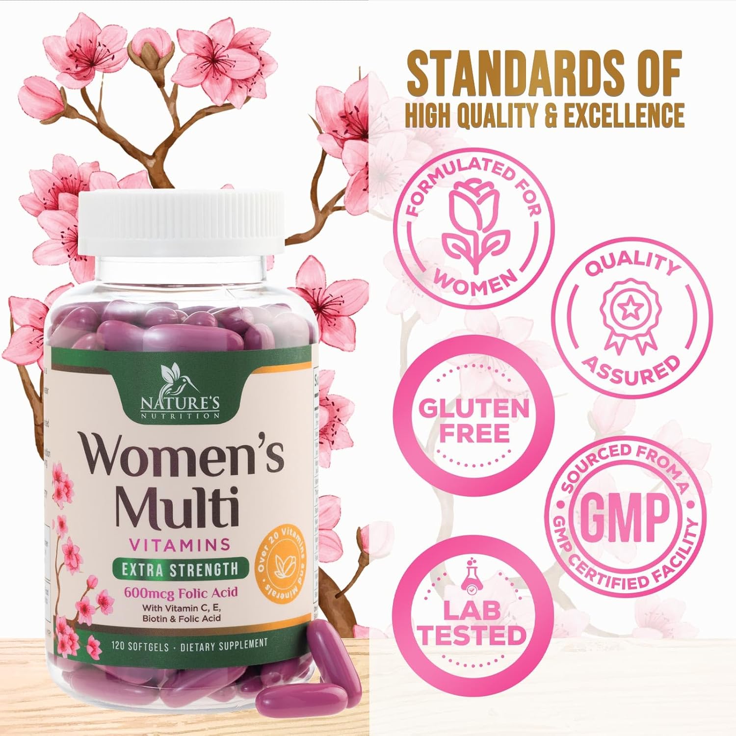Women's Multivitamin with Iron, Calcium, Zinc, Vitamins A, C, D, E, B - Supports Bone, Skin, & Immune Health - 120 Softgels