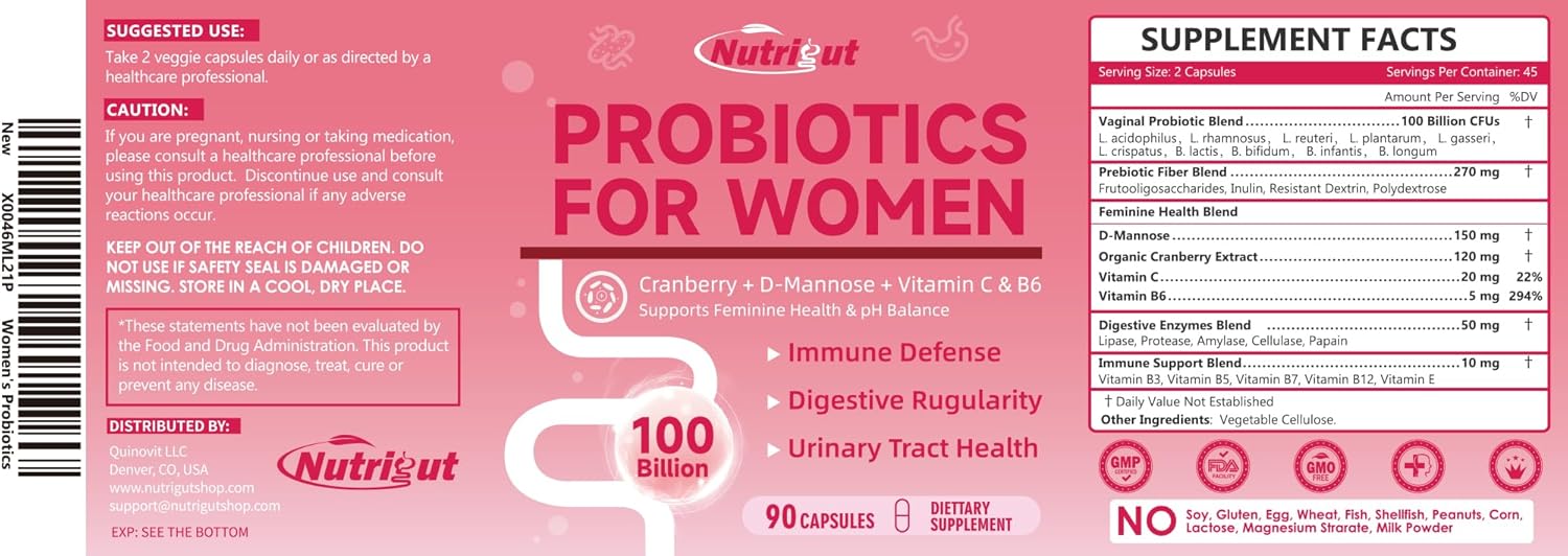 Women's NutriGut Probiotics: 100 Billion CFUs with Prebiotics, Enzymes, Cranberry, D-Mannose for Gut, Vaginal & Urinary Tract Health - 90 Capsules