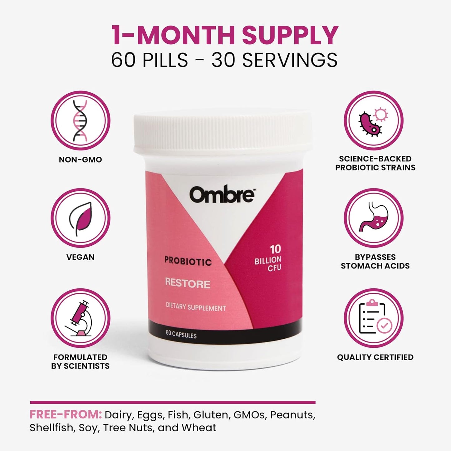 Women's Ombre Restore Probiotics: Daily Gut Health Supplement with 10 Billion CFU, Supports Vaginal, Digestive, Urinary Tract, & Immune Health - 30 Servings
