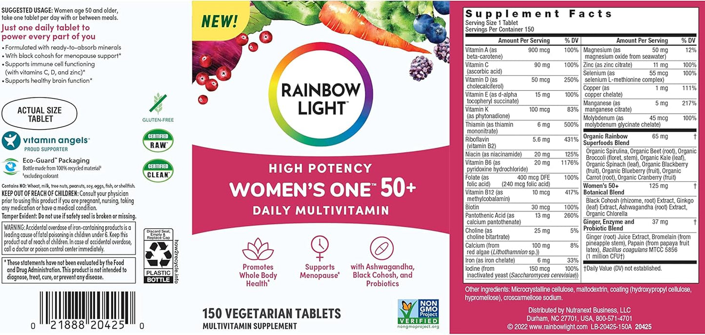 Women's One 50+ Multivitamin with Vitamin C, D, Zinc, Probiotics - High Potency Immune Support - Non-GMO - Vegetarian - 150 Tablets