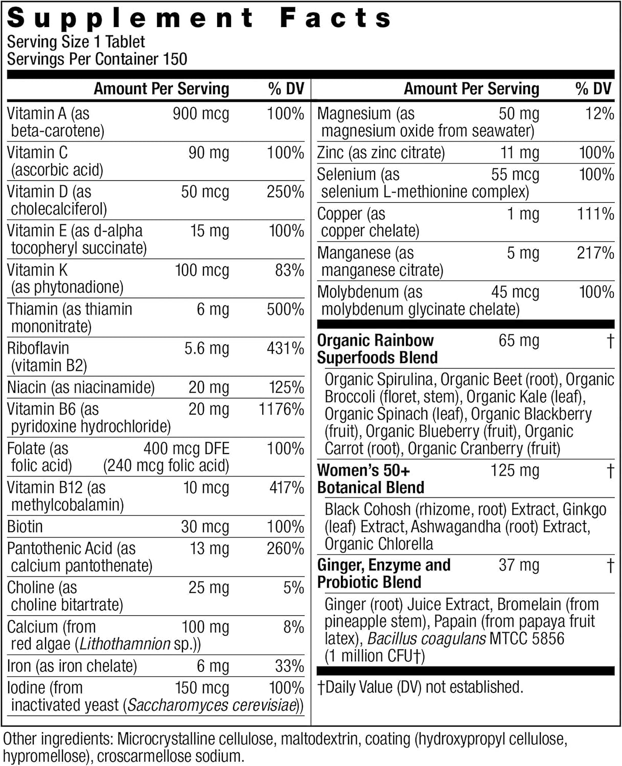 Women's One 50+ Multivitamin with Vitamin C, D, Zinc, Probiotics - High Potency Immune Support - Non-GMO - Vegetarian - 150 Tablets