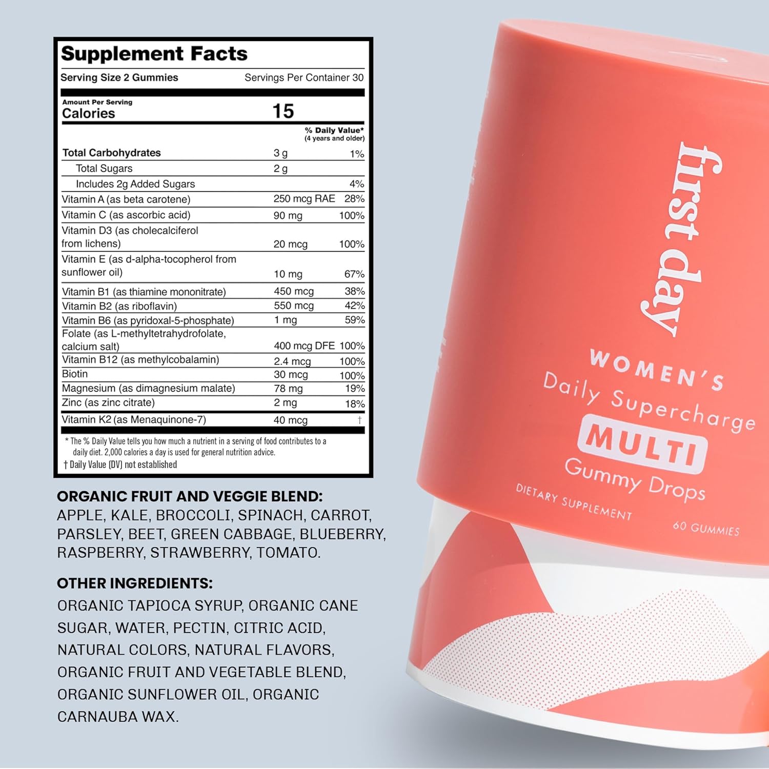 Women's Organic Multivitamin Gummies with 11 Essential Vitamins and Minerals - 30 Day Supply