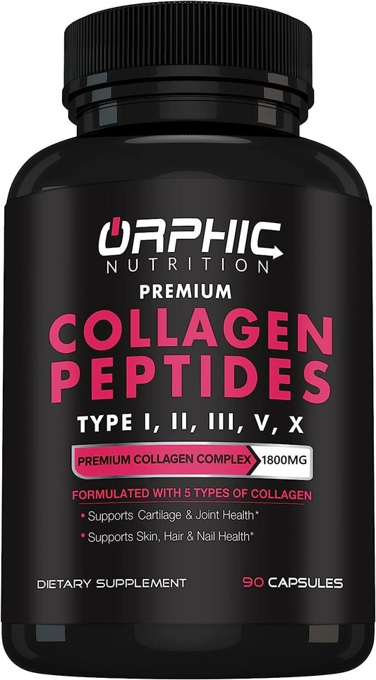 Women's ORPHIC NUTRITION 1800mg Multi Collagen Peptides Capsules - Supports Digestive Health, Joint Strength, and Muscle Health - 90 Capsules