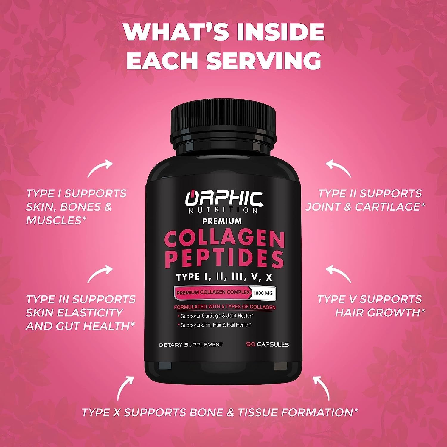 Women's ORPHIC NUTRITION 1800mg Multi Collagen Peptides Capsules - Supports Digestive Health, Joint Strength, and Muscle Health - 90 Capsules