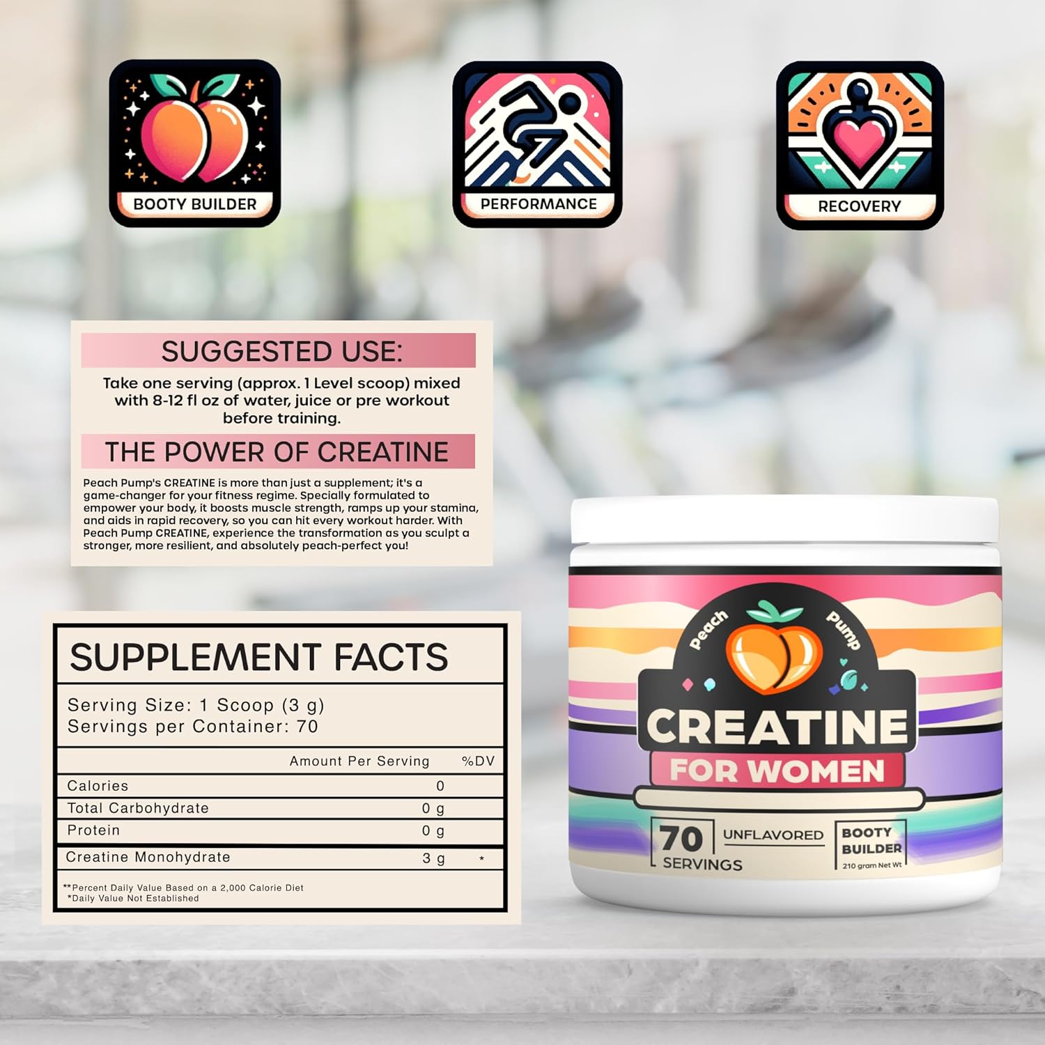 Women's Peach Pump Creatine Powder - Booty Builder Supplement for Women - 70 Servings, Unflavored