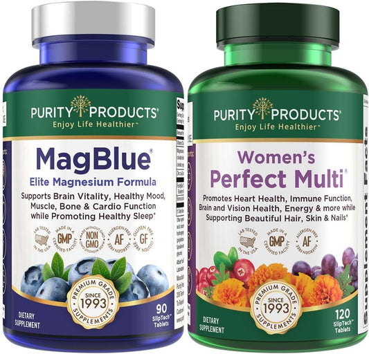 Women's Perfect Multi + MagBlue Bundle - Supports Urinary Tract Health, Immunity, Hair Skin Nails + More - Magnesium Bisglycinate, Vitamin D3 - Purity Products