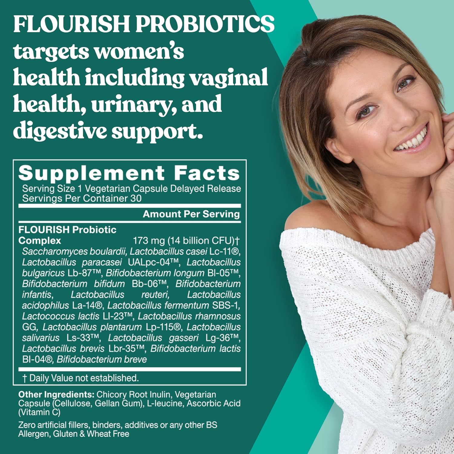 Women's Probiotic and Prebiotic Blend for Gut, Urinary Tract, and Vaginal Health - 18 Proven Strains, 14 Billion CFU - 30 Mini Vegan Capsules