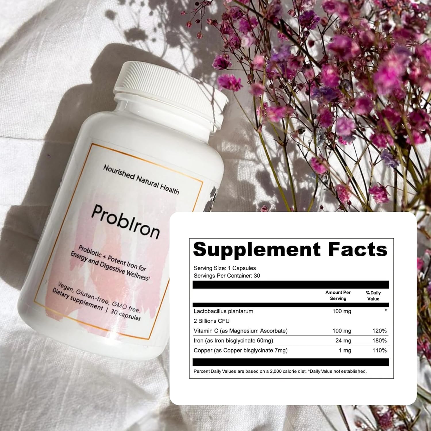 Women's Probiotic + Iron Supplement with Vitamin C and Copper for Energy and Digestive Health - Vegan Formula - 60 Capsules