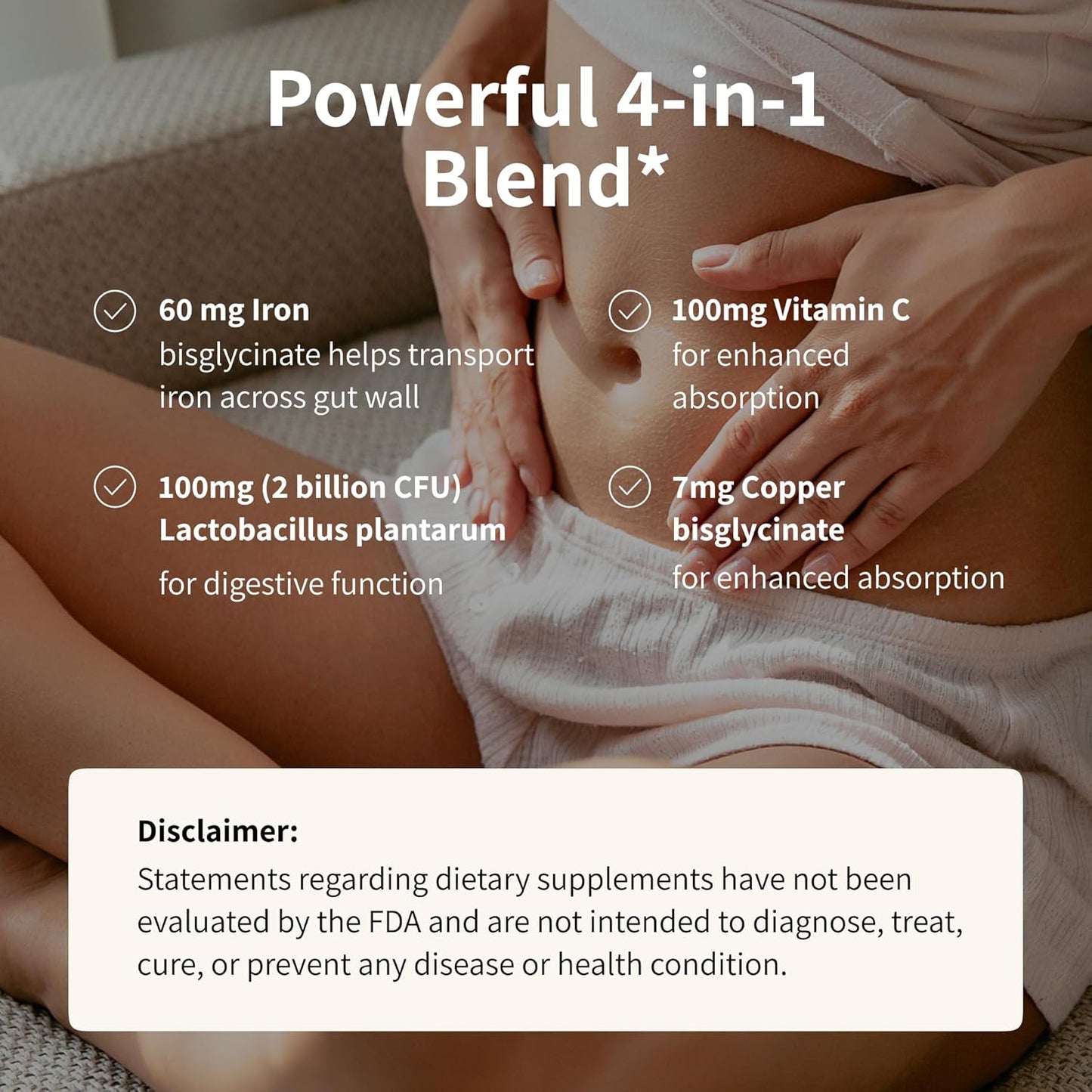 Women's Probiotic + Iron Supplement with Vitamin C and Copper for Energy and Digestive Health - Vegan Formula - 60 Capsules