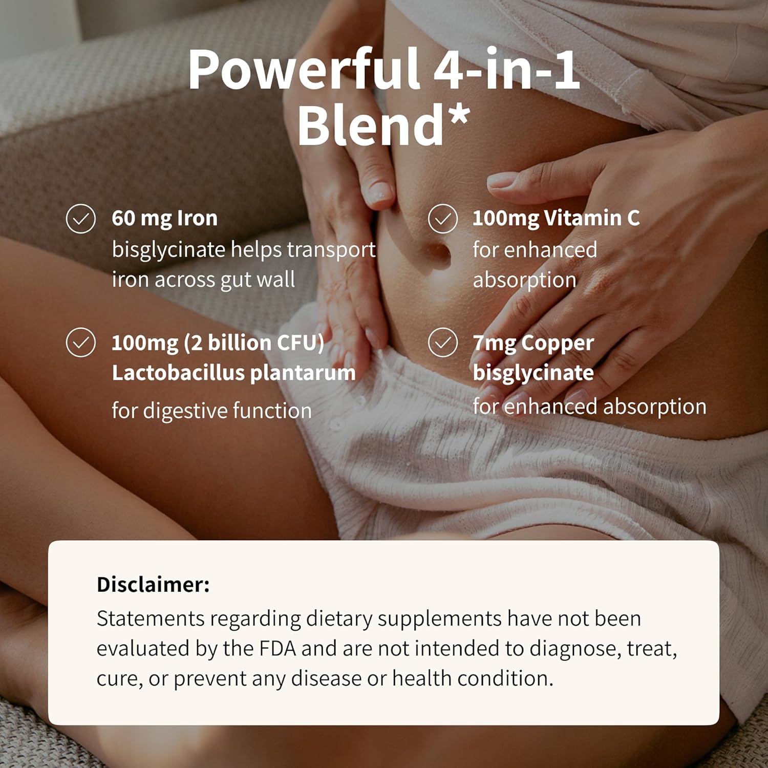 Women's Probiotic + Iron Supplement with Vitamin C and Copper for Energy and Digestive Health - Vegan Formula - 60 Capsules