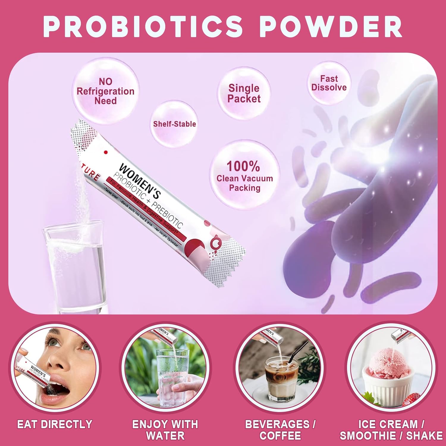 Women's Probiotic Powder Supplement with Prebiotics for Digestive Health - 30 Stick Packs for Immune Support