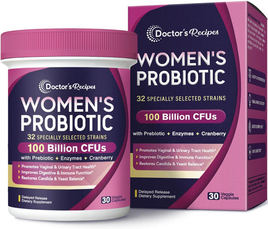 Women's Probiotic Supplement with 100 Billion CFU, 32 Strains, Prebiotic Fiber, Cranberry - Supports Vaginal, Urinary, Digestive & Immune Health - Shelf Stable, Delayed Release, 30 Capsules