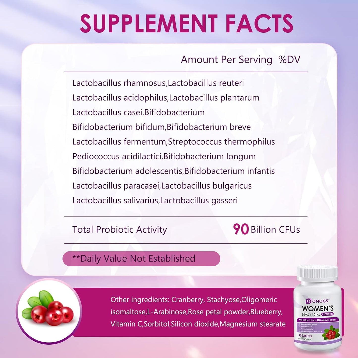 Women's Probiotic with Cranberry Extract, Organic Prebiotics, Vitamin C - 90 Billion CFUs, 18 Strains - Immune, Digestive, Gut & Women's Health Support - Gluten & Soy Free - 90 Tablets