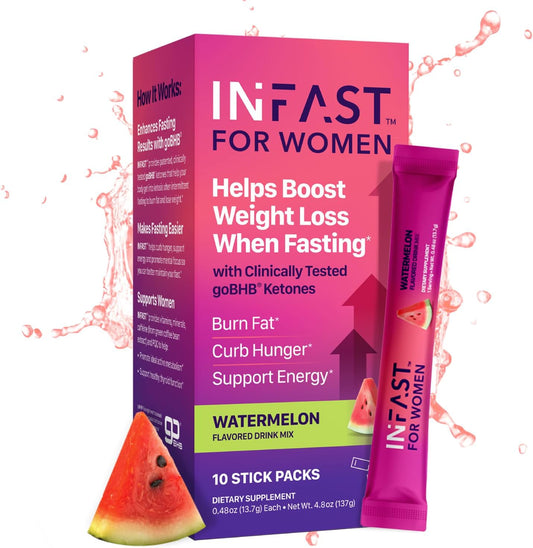 Women's Real Ketones Intermittent Fasting Drink Mix - BHB Exogenous Ketones Powder with Electrolytes & Green Coffee Bean Extract for Energy, Focus, and Hormonal Balance Support - Watermelon Flavor - 10ct