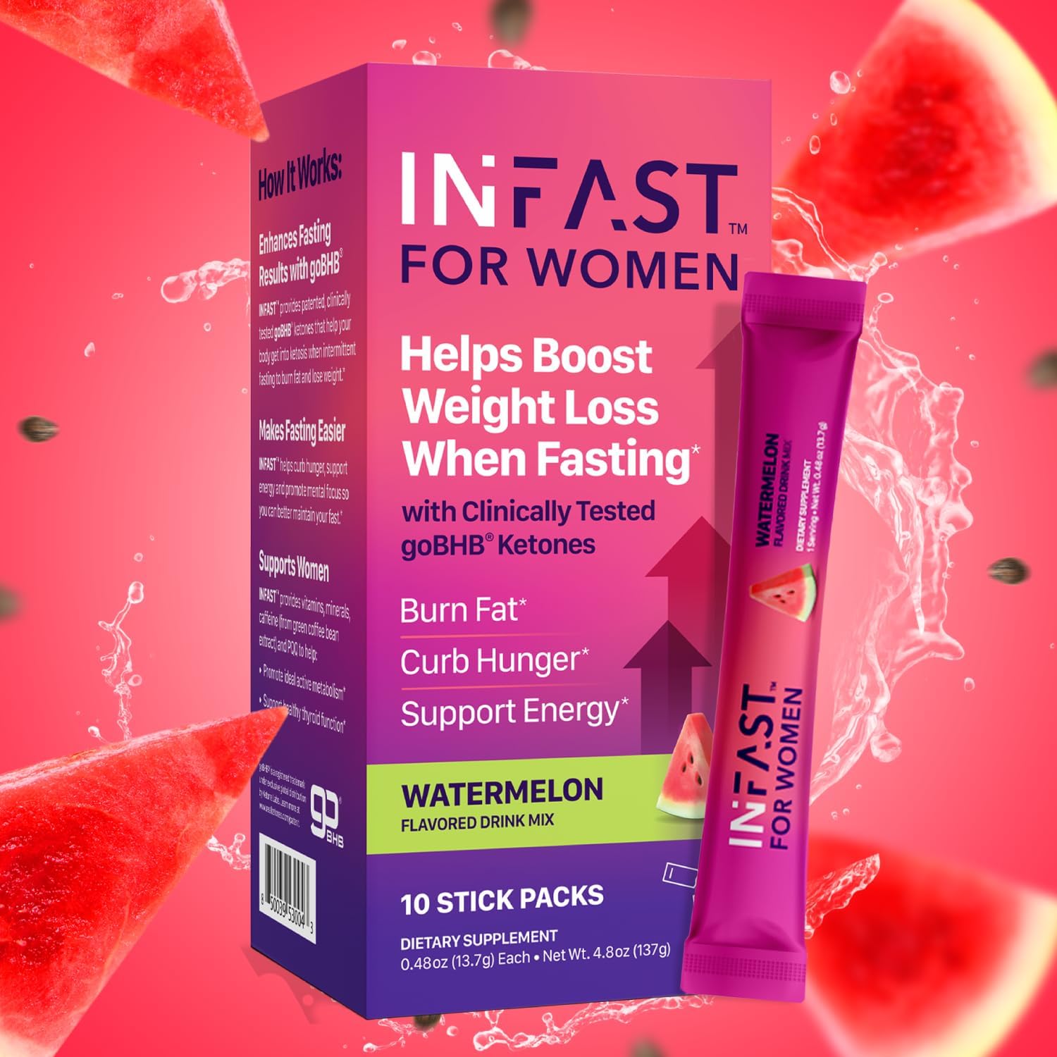 Women's Real Ketones Intermittent Fasting Drink Mix - BHB Exogenous Ketones Powder with Electrolytes & Green Coffee Bean Extract for Energy, Focus, and Hormonal Balance Support - Watermelon Flavor - 10ct