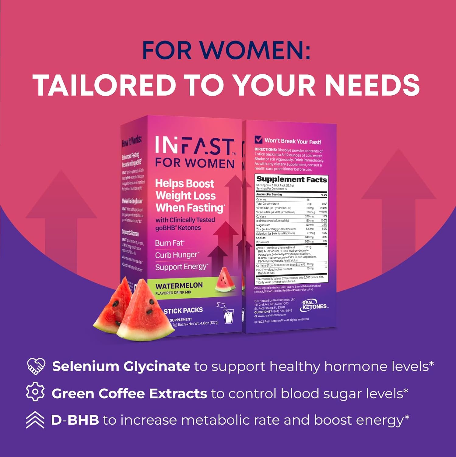 Women's Real Ketones Intermittent Fasting Drink Mix - BHB Exogenous Ketones Powder with Electrolytes & Green Coffee Bean Extract for Energy, Focus, and Hormonal Balance Support - Watermelon Flavor - 10ct