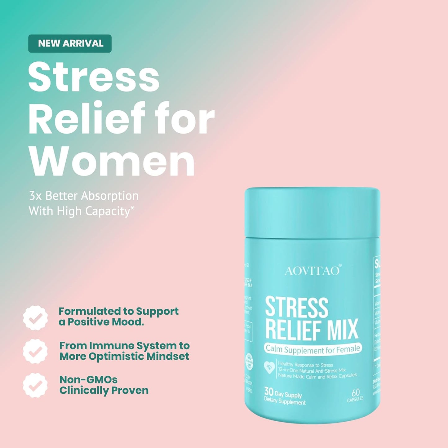 Women's Stress Relief & Focus Supplement with Ashwagandha, L-Theanine, Magnesium - Herbal Blend for Anxiety & Relaxation Support - Lion's Mane, Reishi