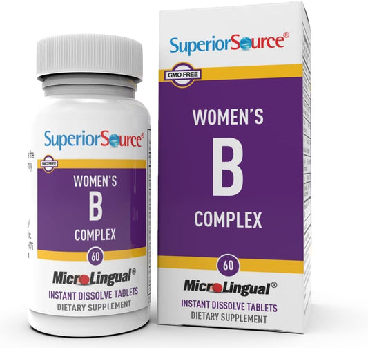 Women’s Superior Source B Complex Tablets with B12 (1000 mcg) for Stress, Heart, Immune Support - 60 Ct, Quick Dissolve MicroLingual, B1, B2, B3, B5, B6, B7 & Folic Acid (B9), Boost Metabolism, Non-GMO