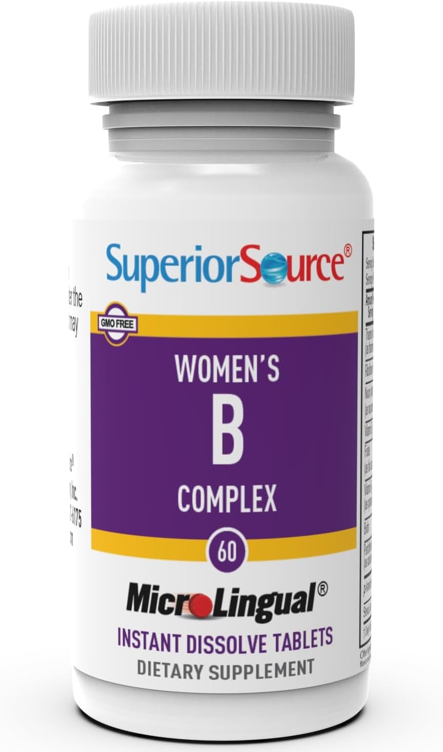 Women’s Superior Source B Complex Tablets with B12 (1000 mcg) for Stress, Heart, Immune Support - 60 Ct, Quick Dissolve MicroLingual, B1, B2, B3, B5, B6, B7 & Folic Acid (B9), Boost Metabolism, Non-GMO