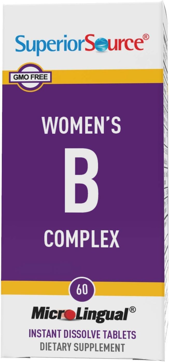 Women’s Superior Source B Complex Tablets with B12 (1000 mcg) for Stress, Heart, Immune Support - 60 Ct, Quick Dissolve MicroLingual, B1, B2, B3, B5, B6, B7 & Folic Acid (B9), Boost Metabolism, Non-GMO
