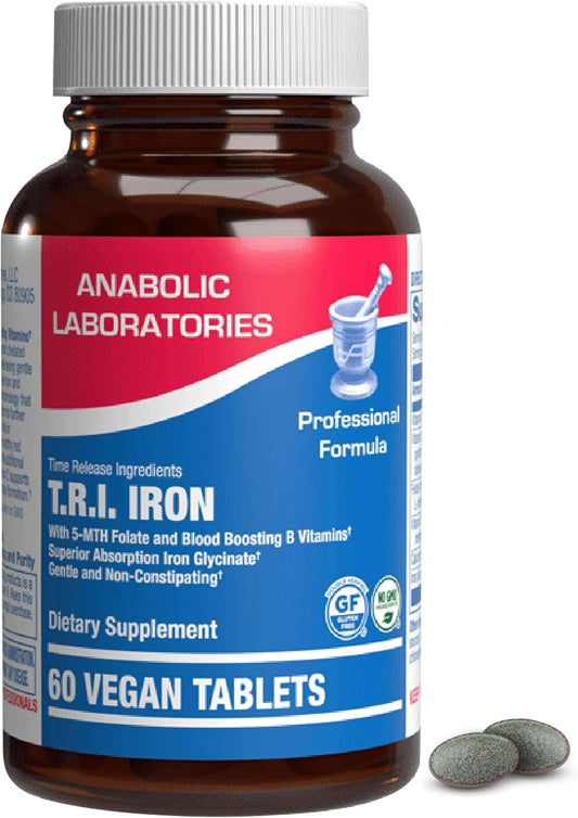 Women's Time Release Iron and Vitamin C Supplement - 60 Vegan Tablets - Contains Iron, Calcium, Folate, Vitamin B6, B12 - Anabolic Laboratories TRI Iron