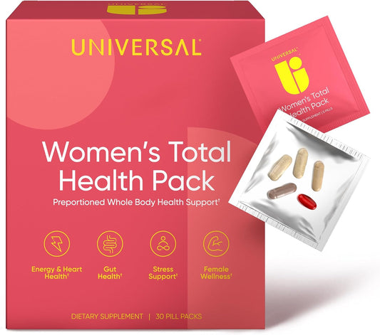 Women's Total Health Pack: Multivitamin, Energy & Stress Support, Krill Oil, 22 Vitamins & Minerals, Iron, Biotin, Zinc, Selenium, Astaxanthin, Calcium - 30 Pack