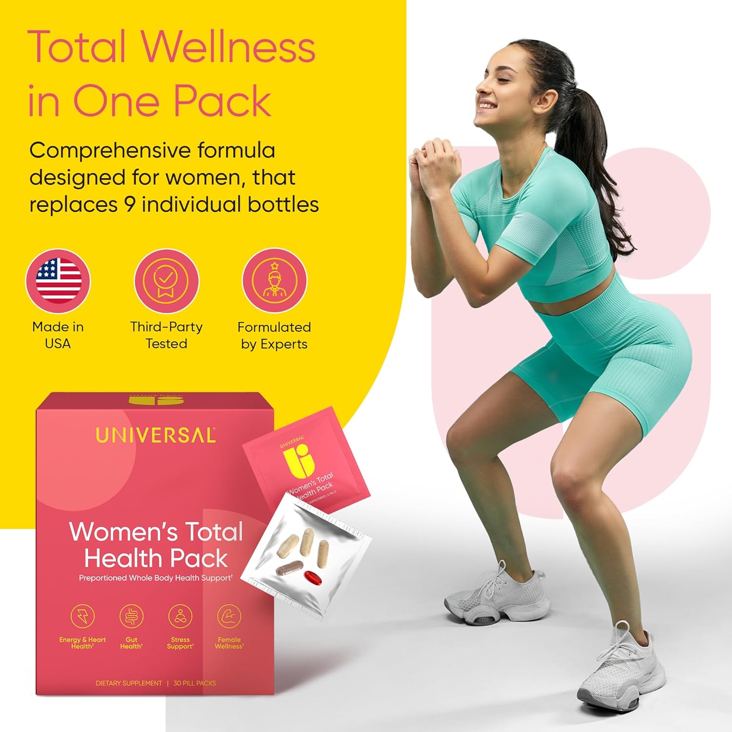 Women's Total Health Pack: Multivitamin, Energy & Stress Support, Krill Oil, 22 Vitamins & Minerals, Iron, Biotin, Zinc, Selenium, Astaxanthin, Calcium - 30 Pack