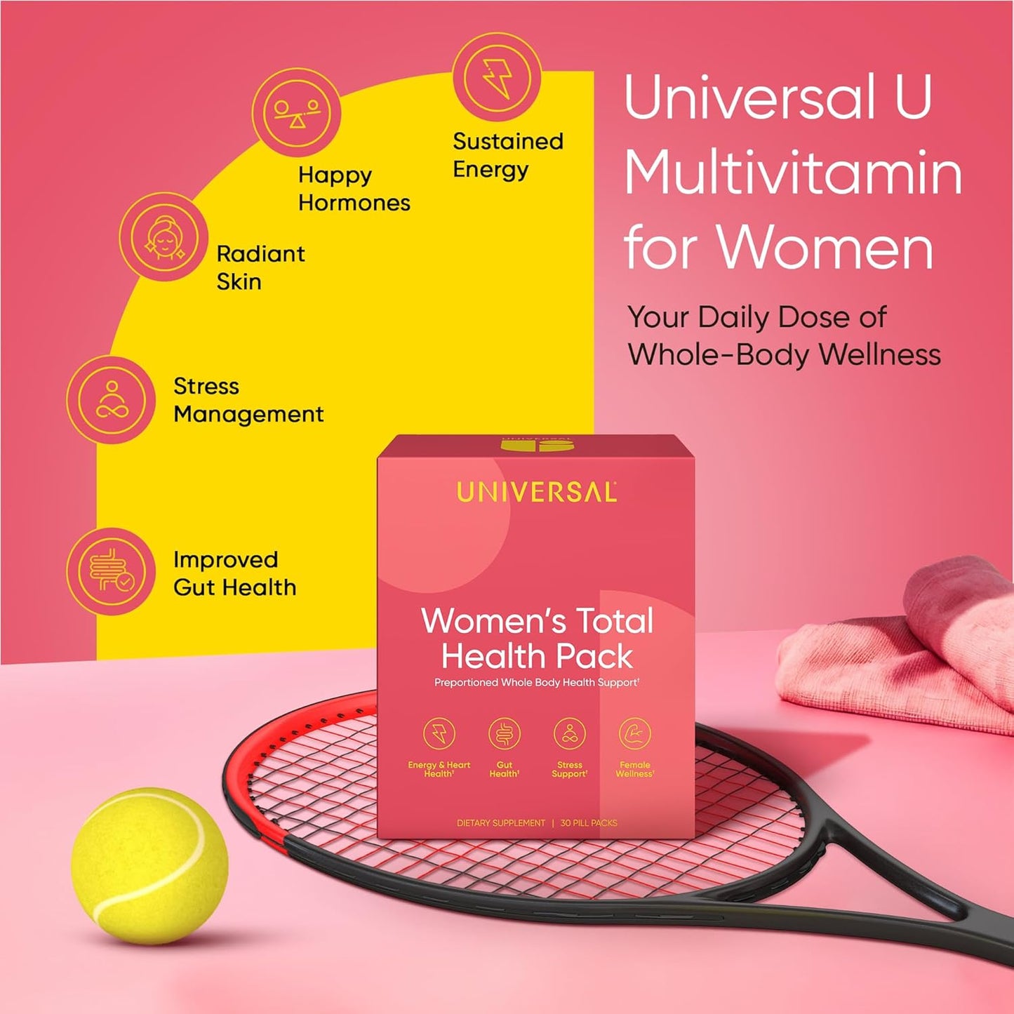 Women's Total Health Pack: Multivitamin, Energy & Stress Support, Krill Oil, 22 Vitamins & Minerals, Iron, Biotin, Zinc, Selenium, Astaxanthin, Calcium - 30 Pack