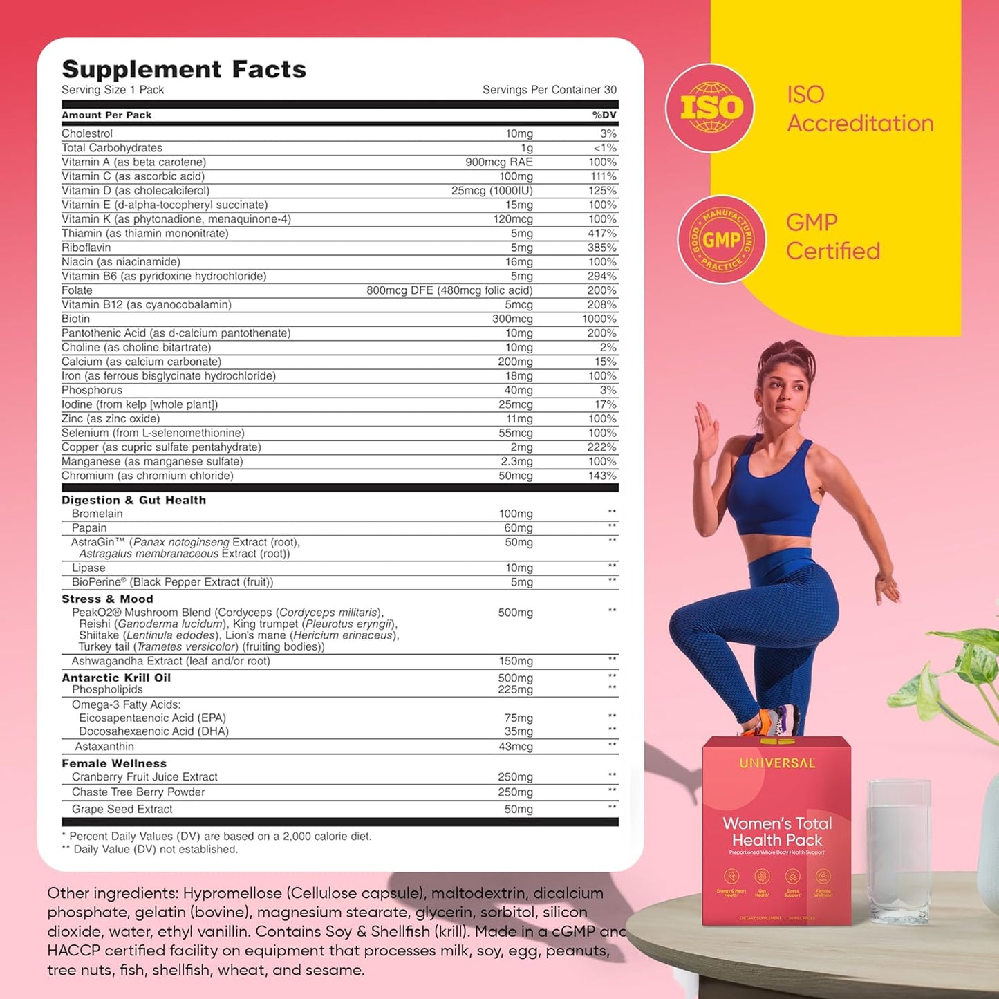 Women's Total Health Pack: Multivitamin, Energy & Stress Support, Krill Oil, 22 Vitamins & Minerals, Iron, Biotin, Zinc, Selenium, Astaxanthin, Calcium - 30 Pack