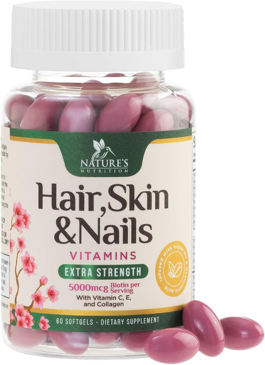 Women's Ultra Strength Hair Vitamins with Biotin, Collagen, PABA - Hair, Skin, Nails Support - 60 Softgels