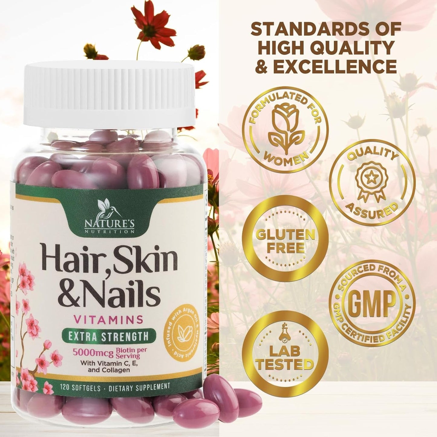 Women's Ultra Strength Hair Vitamins with Biotin, Collagen, PABA - Hair Growth & Skin Support - 120 Softgels