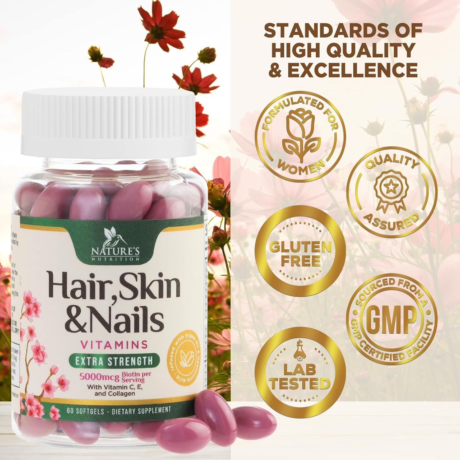 Women's Ultra Strength Hair Vitamins with Biotin, Collagen, PABA - Hair, Skin, Nails Support - 60 Softgels