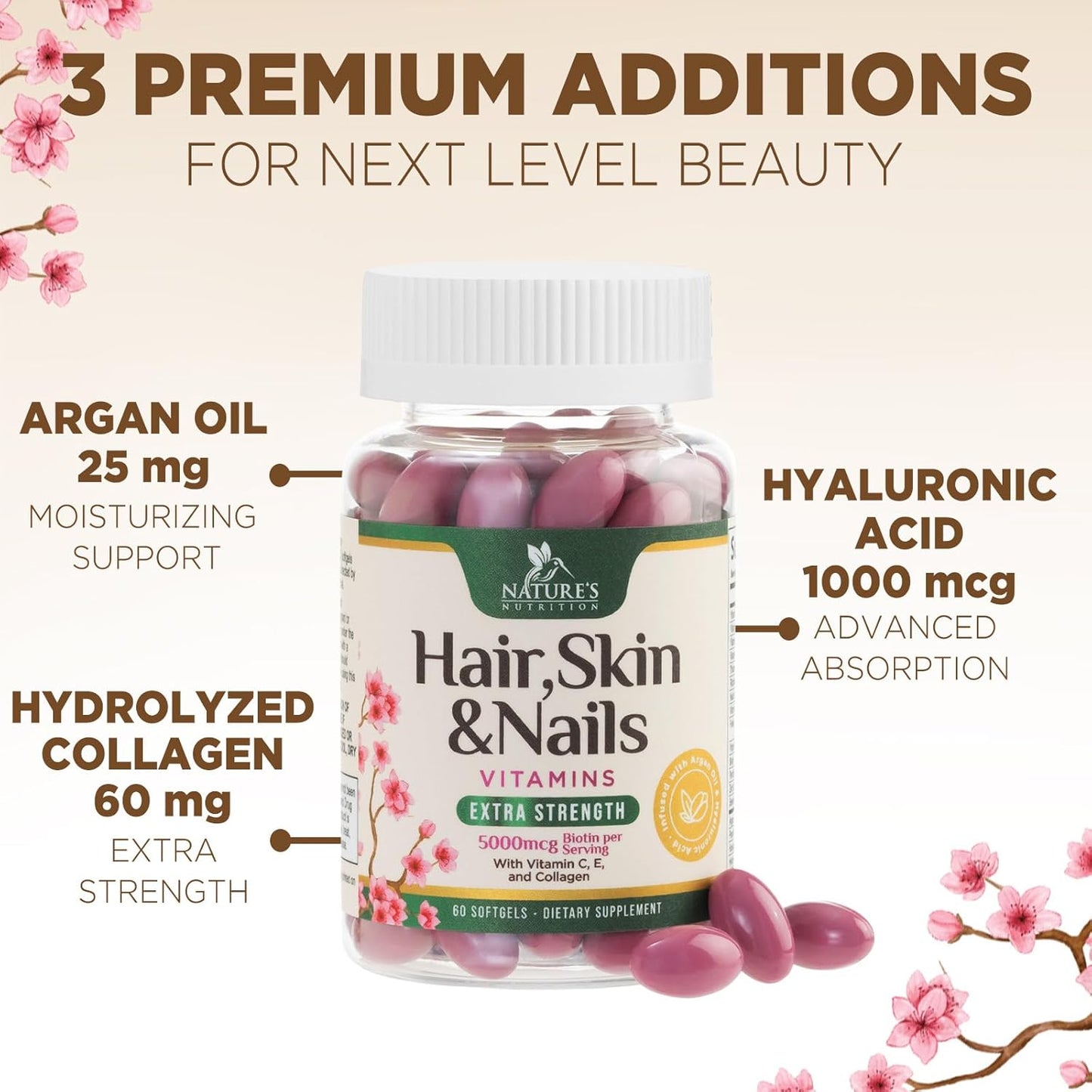 Women's Ultra Strength Hair Vitamins with Biotin, Collagen, PABA - Hair, Skin, Nails Support - 60 Softgels