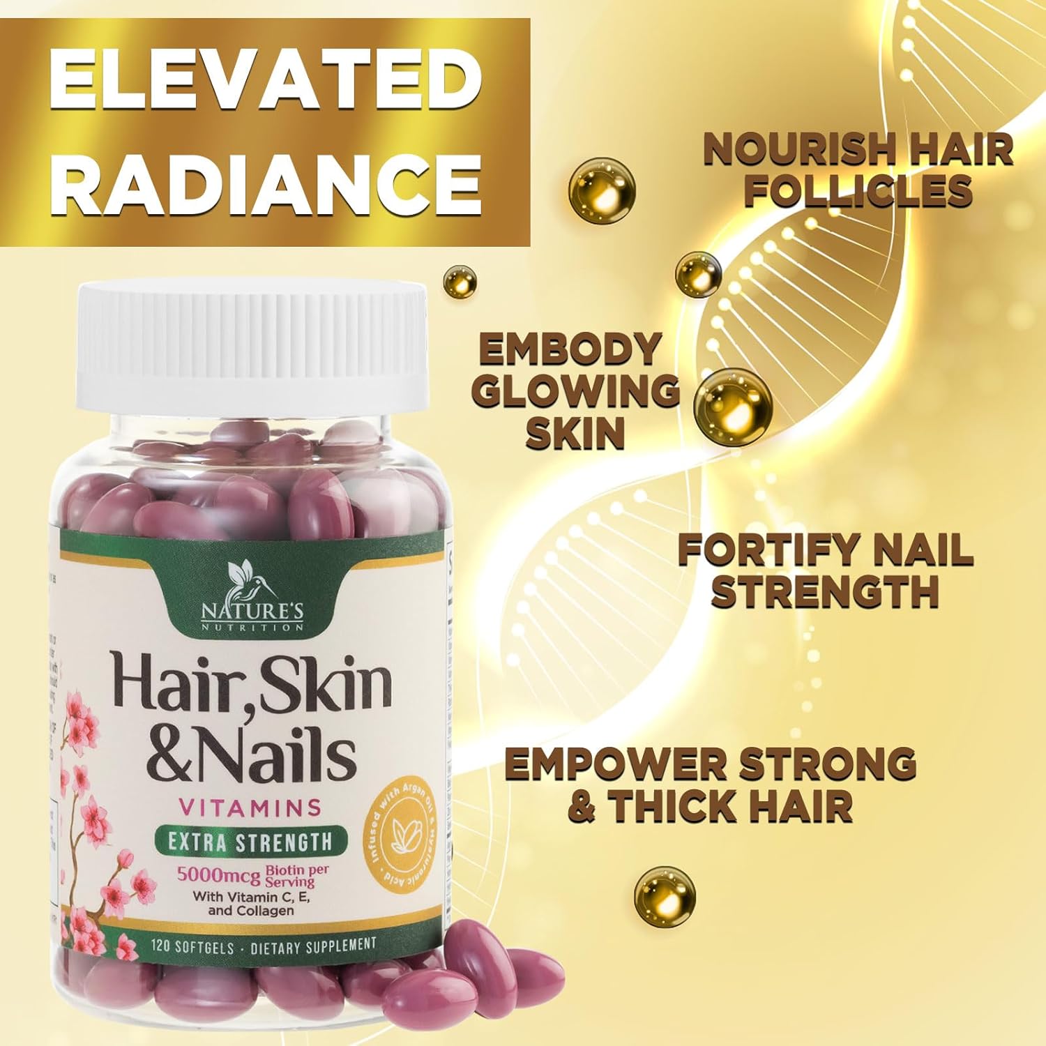 Women's Ultra Strength Hair Vitamins with Biotin, Collagen, PABA - Hair Growth & Skin Support - 120 Softgels
