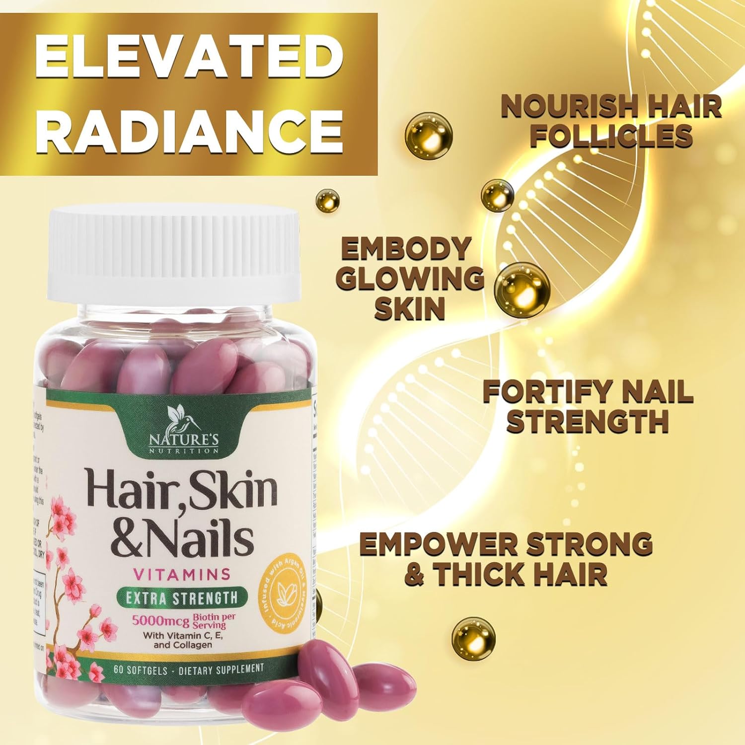 Women's Ultra Strength Hair Vitamins with Biotin, Collagen, PABA - Hair, Skin, Nails Support - 60 Softgels