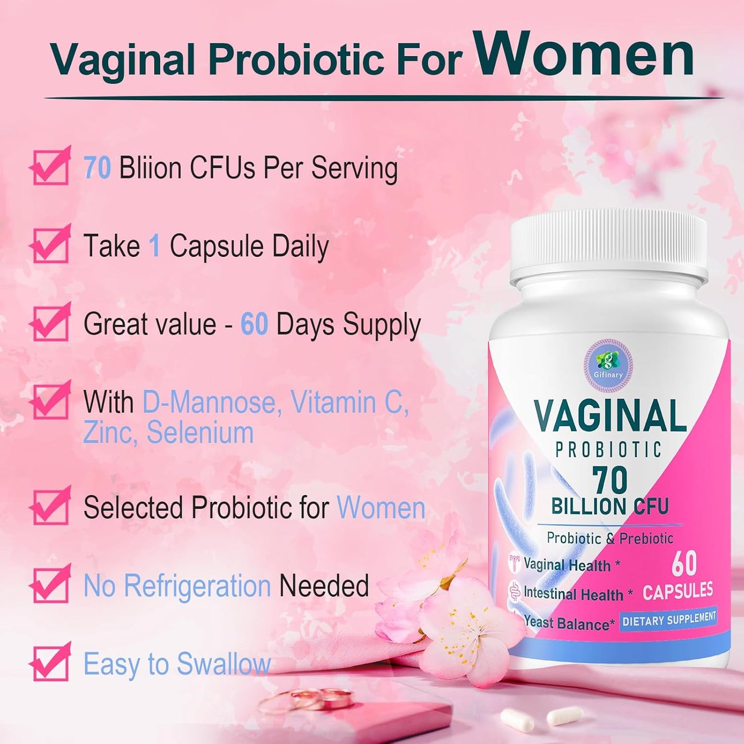Women's Vaginal Probiotic with 70 Billion CFU, 13 Strains, Prebiotic, D-Mannose - 180 Capsules for Vaginal Health, Urinary, pH Balance, Immune & Digestive Support