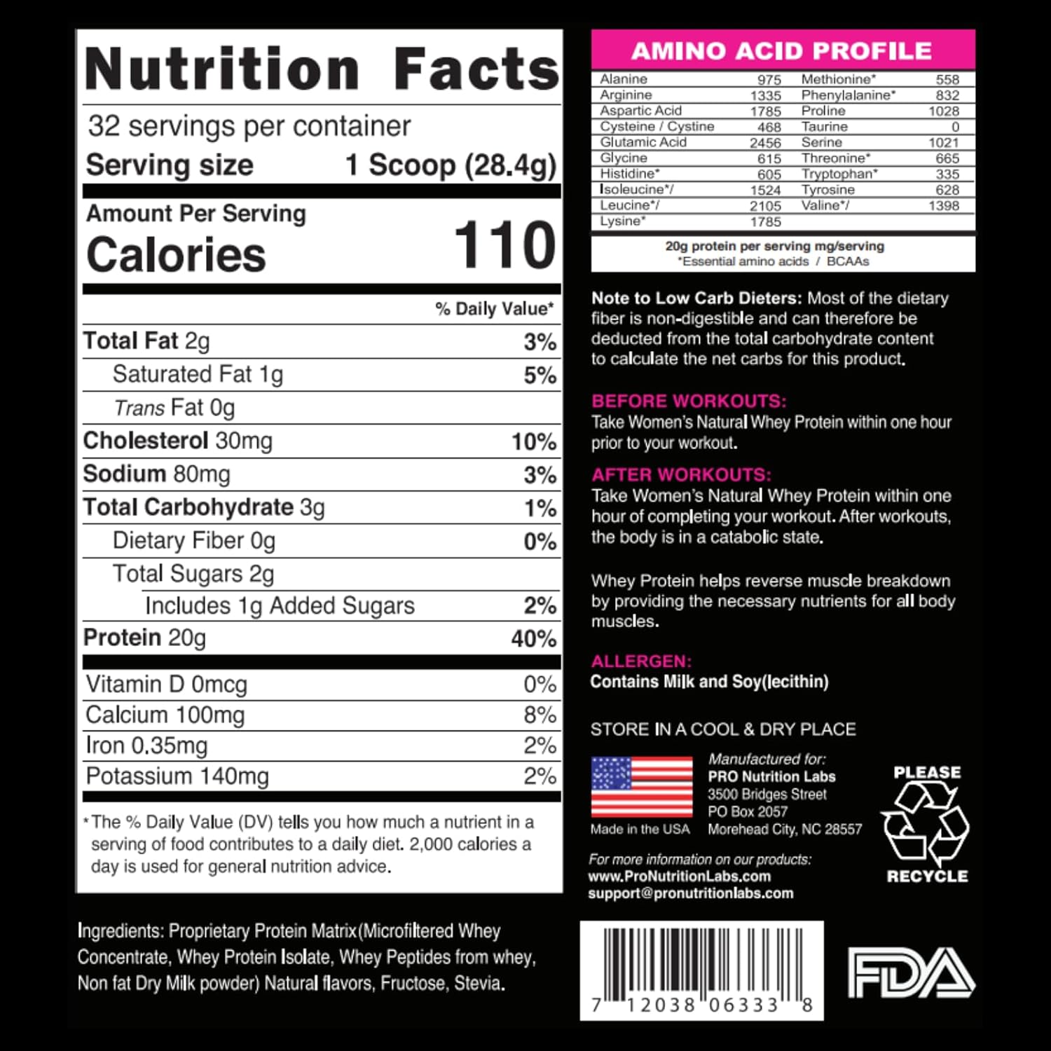 Women's Vanilla Whey Protein Powder - Low Carb Gluten-Free Grass-Fed rBGH-Free - Weight Loss Support - Natural Stevia Sweetened Shake - 20g Protein - 2lb