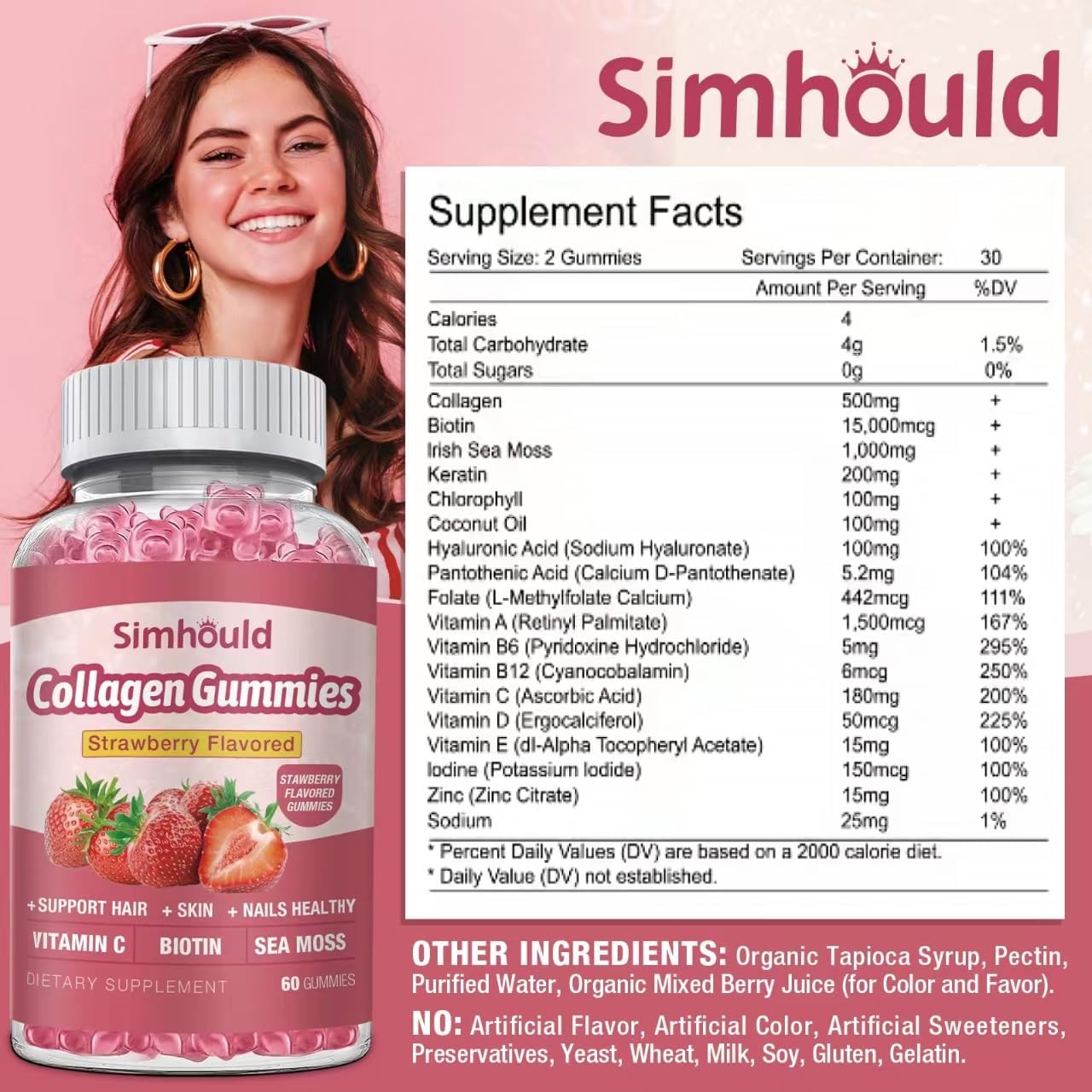Women's Vegan Collagen Gummies with Biotin and Sea Moss for Anti Aging - Sugar Free, Non-GMO, 60 Count