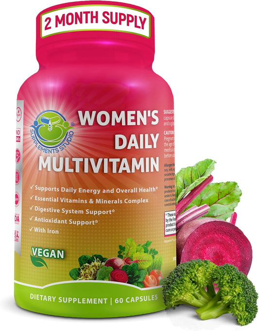 Women's Vegan Multivitamin with Iron, Biotin, Superfoods, Probiotics, Enzymes - Energy, Immunity, Gut Health - Easy to Swallow Capsules