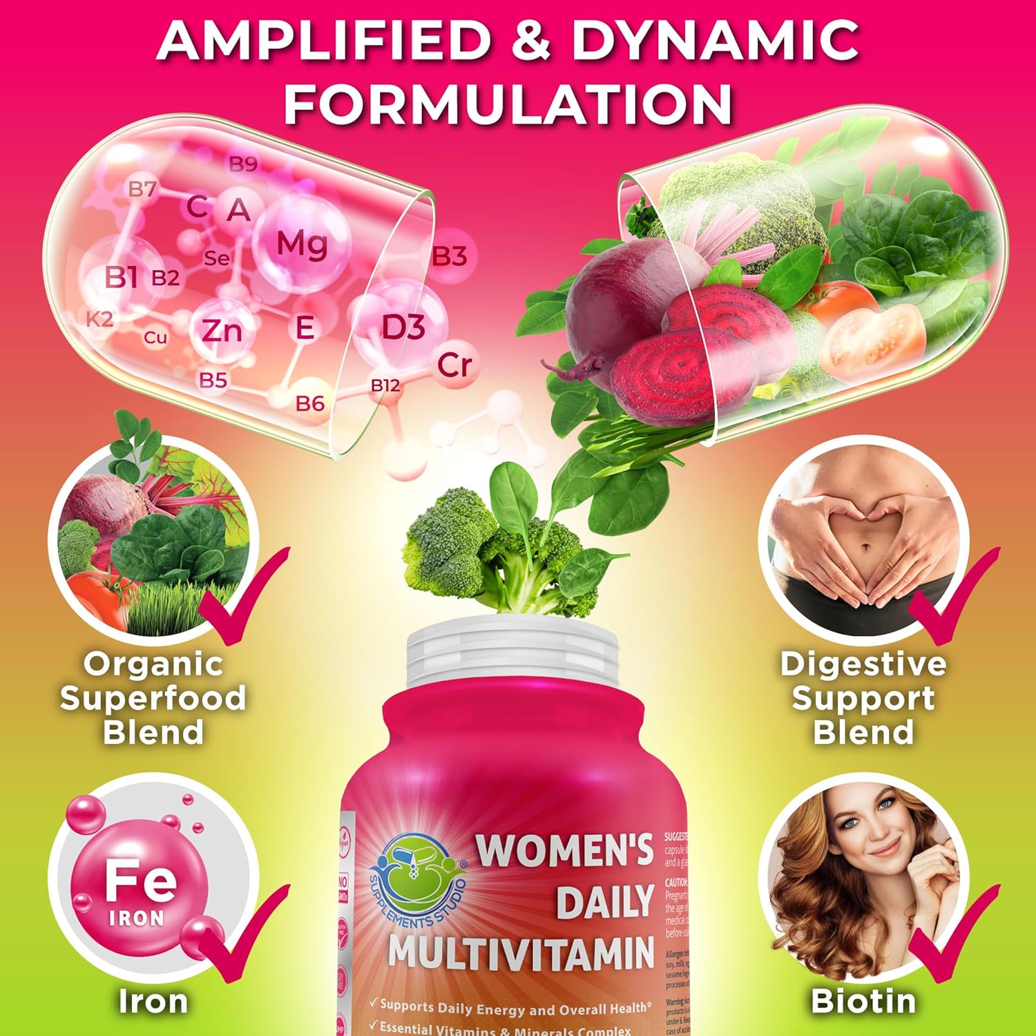 Women's Vegan Multivitamin with Iron, Biotin, Superfoods, Probiotics, Enzymes - Energy, Immunity, Gut Health - Easy to Swallow Capsules