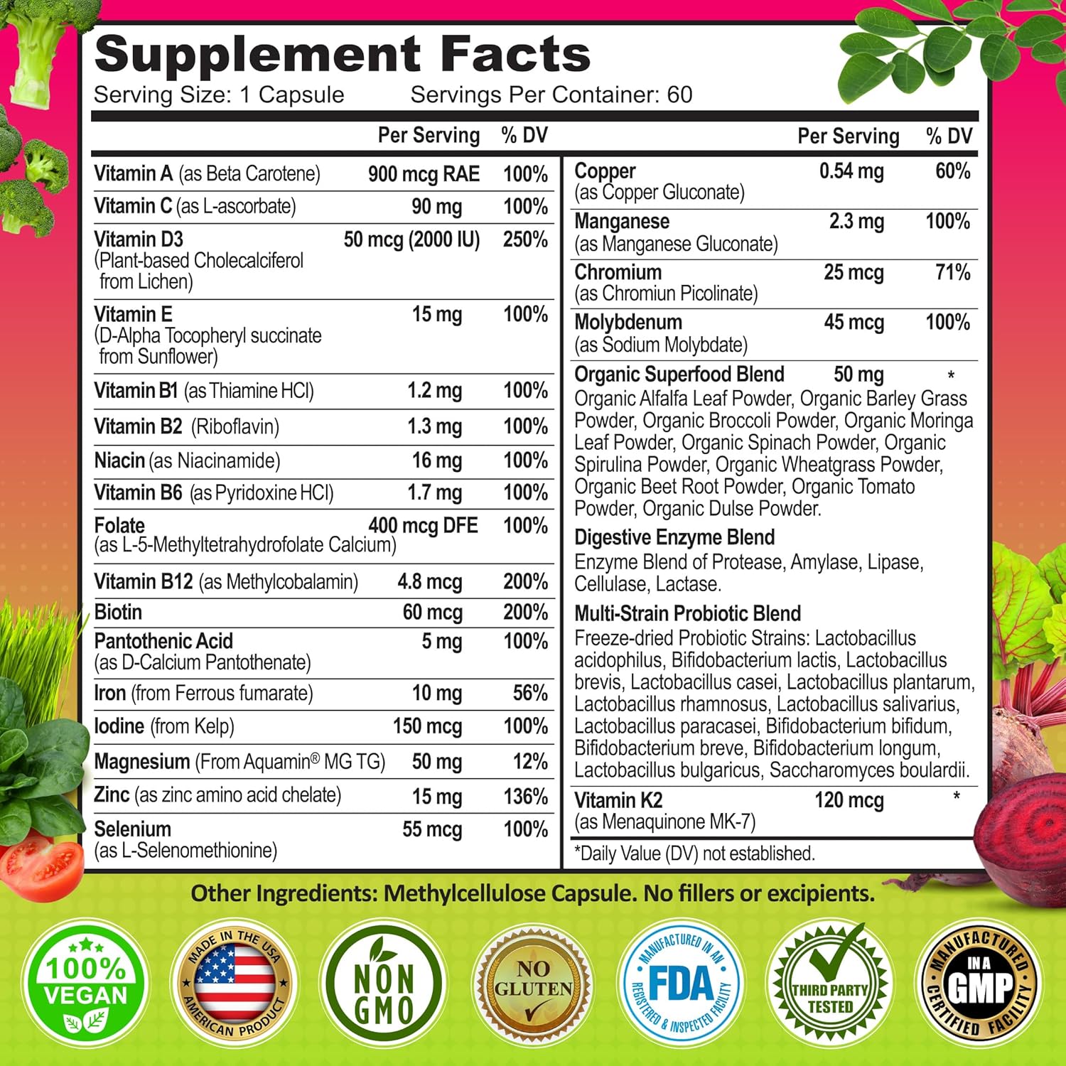 Women's Vegan Multivitamin with Iron, Biotin, Superfoods, Probiotics, Enzymes - Energy, Immunity, Gut Health - Easy to Swallow Capsules