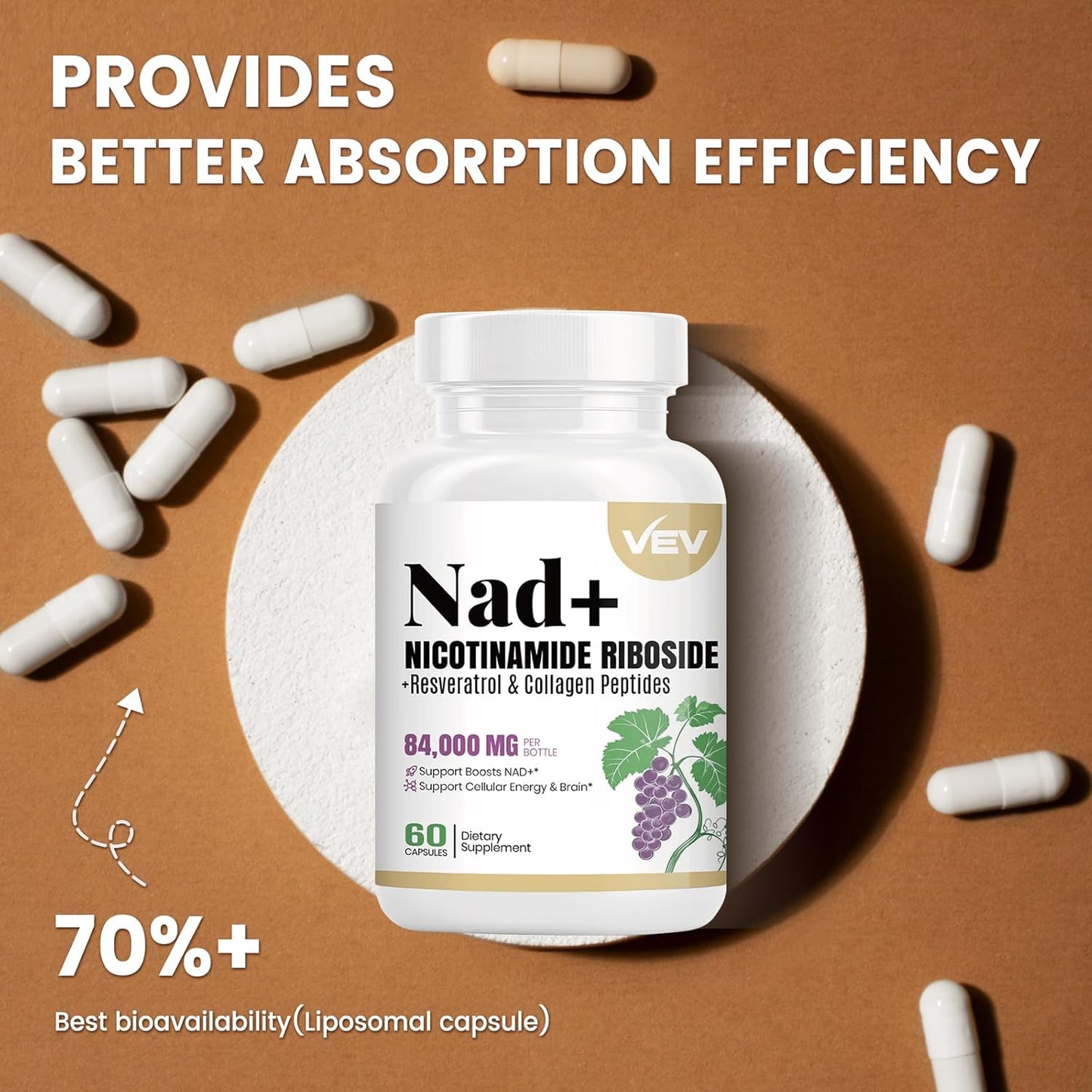 Women's VEV NAD Supplements with Nicotinamide Riboside, Multi-Collagen, Resveratrol, Quercetin, CoQ10 - Liposomal Formula - 120 Capsules