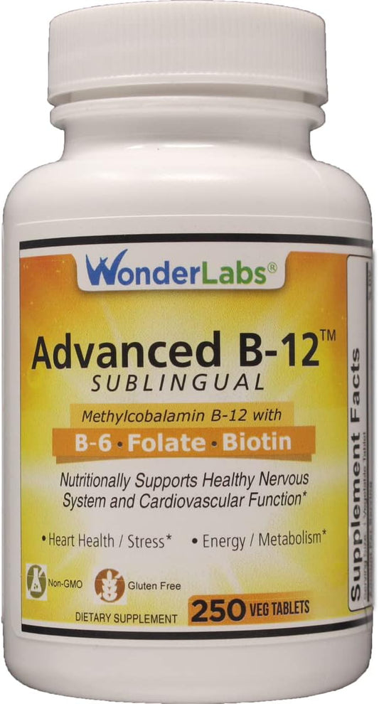 Wonder Laboratories Methylcobalamin B12, B6, Folic Acid, Biotin Sublingual Tablets - 250 Count - 1000mcg B12, 5mg B6, 400mcg Folic Acid, 25mcg Biotin
