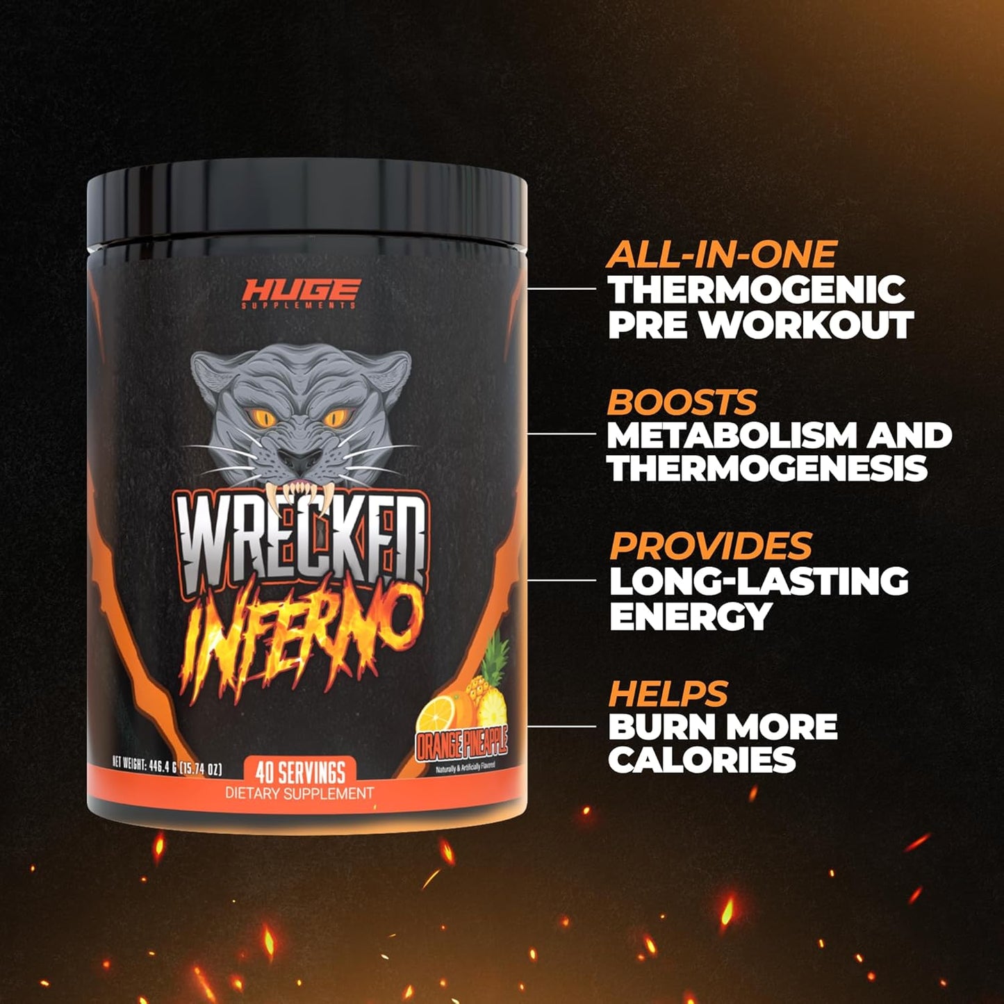 Wrecked Inferno Thermogenic Pre Workout Supplement - Boost Energy, Metabolism, & Performance with L-Citrulline, L-Carnitine, Beta-Alanine & More - For Men & Women